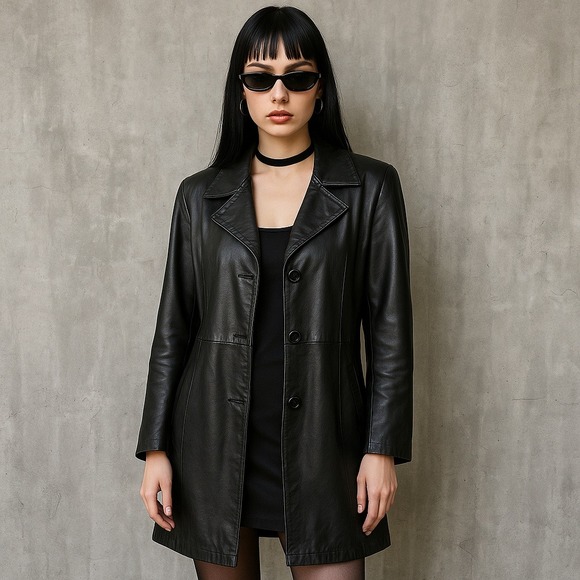 Vintage 90s Giorgio 1966 Italian Black Leather Coat Jacket Women's 46 Medium - Picture 1 of 12